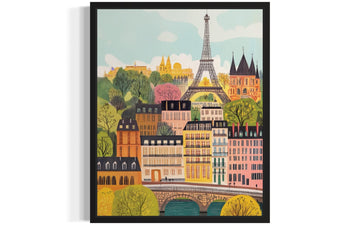 Paris France Black Framed Wall Poster Print, Vintage Retro Landscape Scenery Painting Artwork Travel Prints Decor