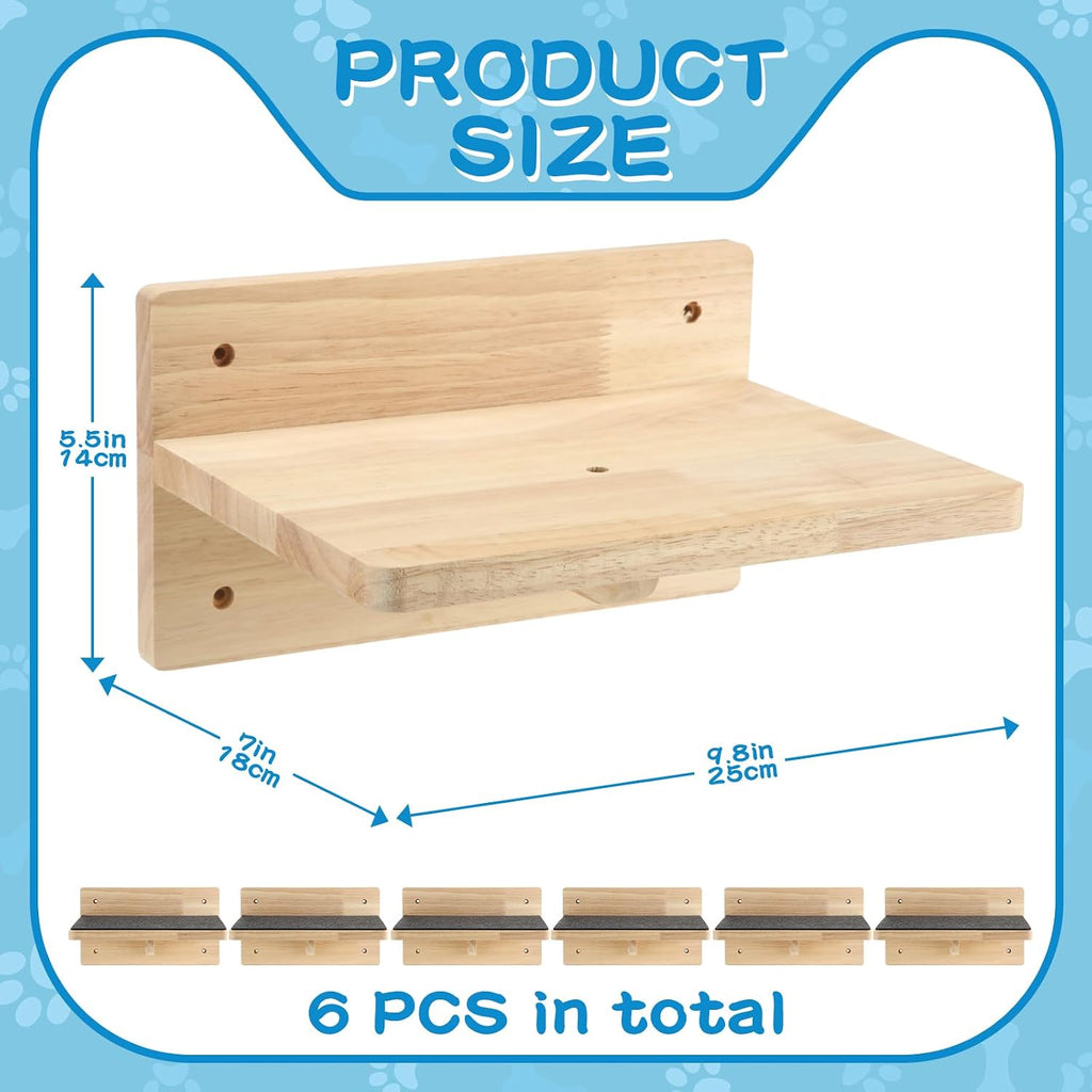 6 Set Cat Wall Shelves, Wood Cat Climbing Step, Wall Mounted, Classic