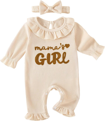 2 Piece Long Sleeve Ruffle Jumpsuit,Baby Girl Waffle Romper with Headband
