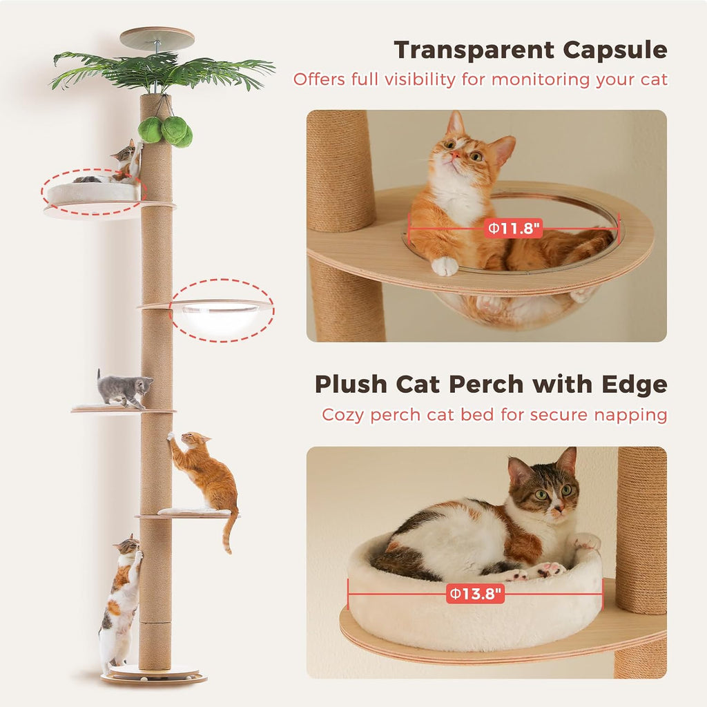 Floor to Ceiling Cat Tree Height (96.5-120.2 Inch) Adjustable, 5 Tier Wood Cat Tower with Thickened Full Sisal