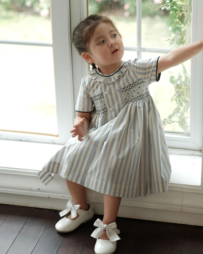 Baby Girls Long Sleeve Smocking Clothing Toddler Fall Floral Smocked Dress Vintage Dresses for Christmas Birthday