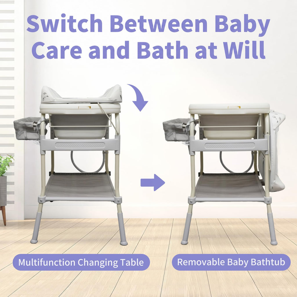 2 in 1 Baby Bathtub with Changing Table, Waterproof Diaper Changing Station Portable Changing Table Adjustable Height