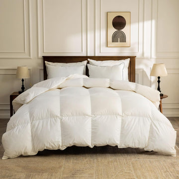 Feather Down Comforter Queen, Hotel-Luxury Fluffy Duvet Insert with Organic Cotton Cover and Puffy F