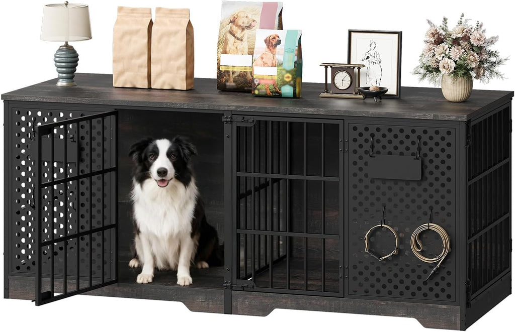 Dog Crate Furniture for 2 Large Dogs, Heavy Duty Indoor Kennel with Removable Divider & Name Tags, TV Stand Cage