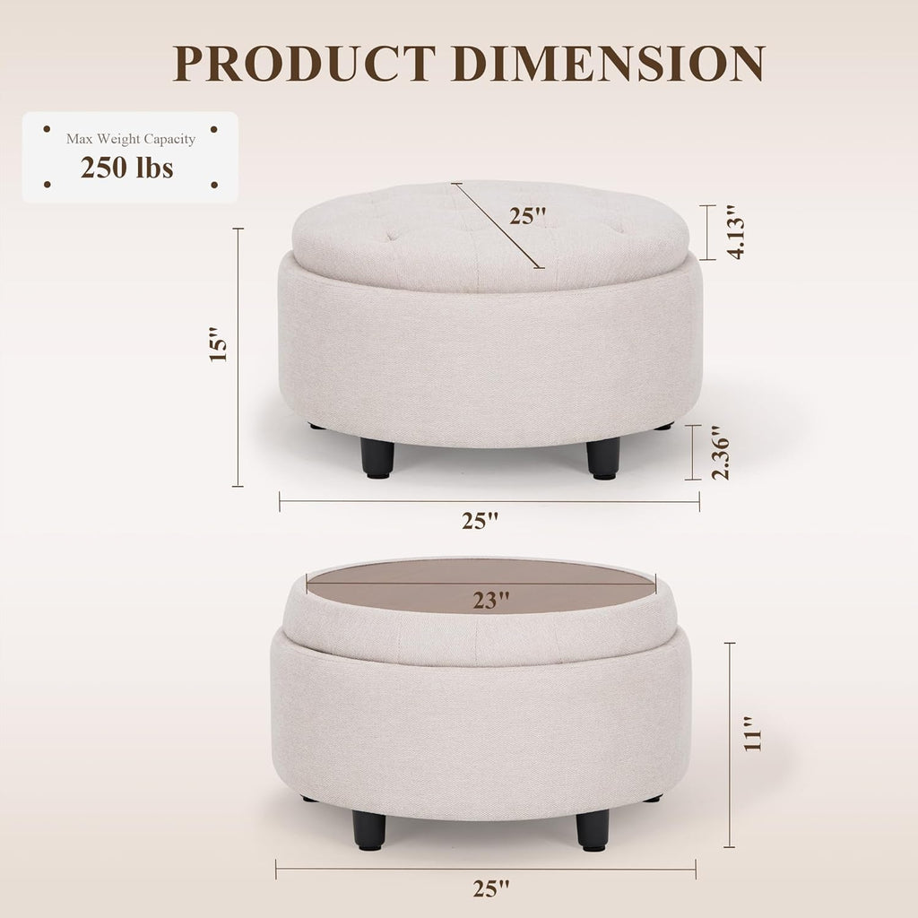 Fabric Round Storage Ottoman with Reversible Tray Lid - Multi-Functional Footrest, Hidden Storage, Sturdy & Stylish