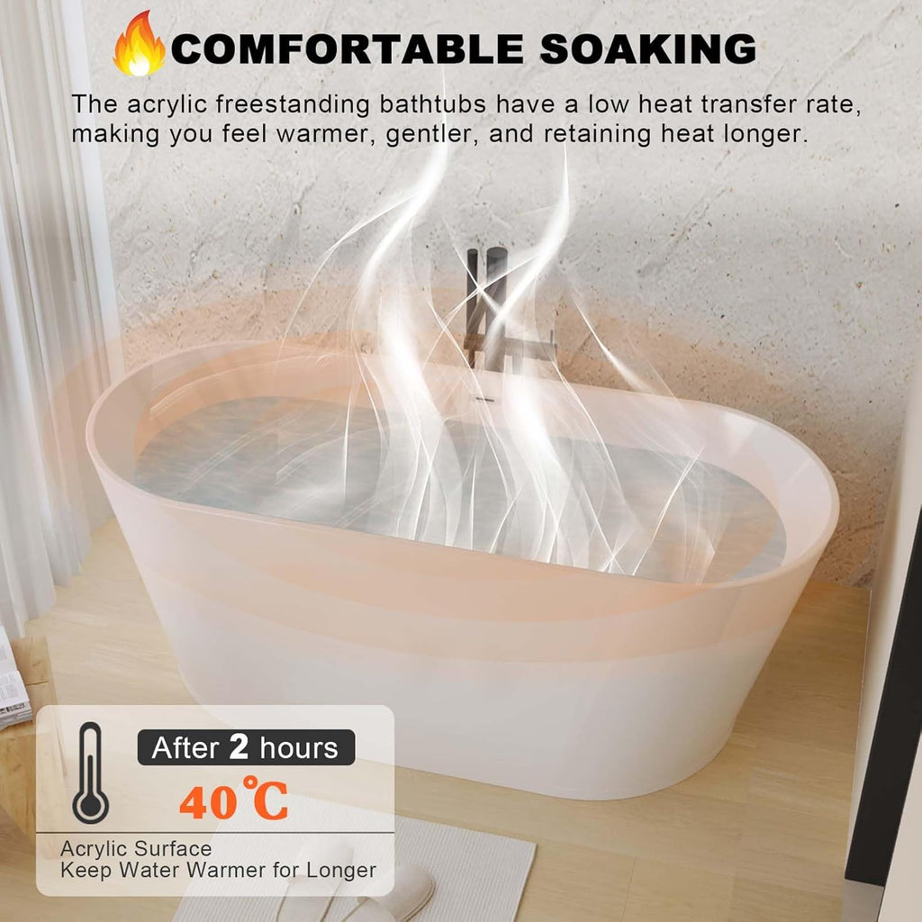 67" Oval Freestanding Soaking Bathtub with Toe-Tap Chrome Drain, Stand Alone Tub, Acrylic Soaking Tub, Ergonomic