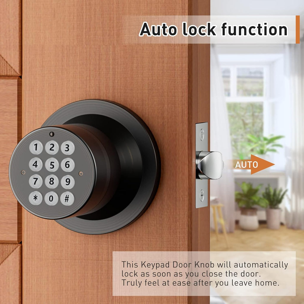 Keyless Entry Door Lock,Door Knob with Keypad,Smart Code Door Lock,Mute Mode,Passage Function, Easy to Install,Oil