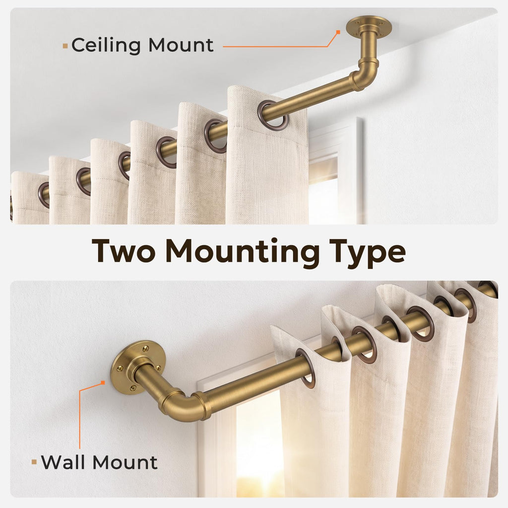 Curtain Rods 32-48", 1 Inch Industrial Brushed Gold Curtain Rod