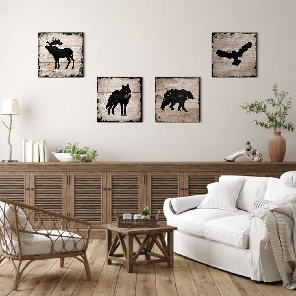 Animals Wall Decor Cabin Wildlife Silhouette Wall Art Woodland Bear Pictures Farmhouse Moose Wolf Eagle Deer Canvas
