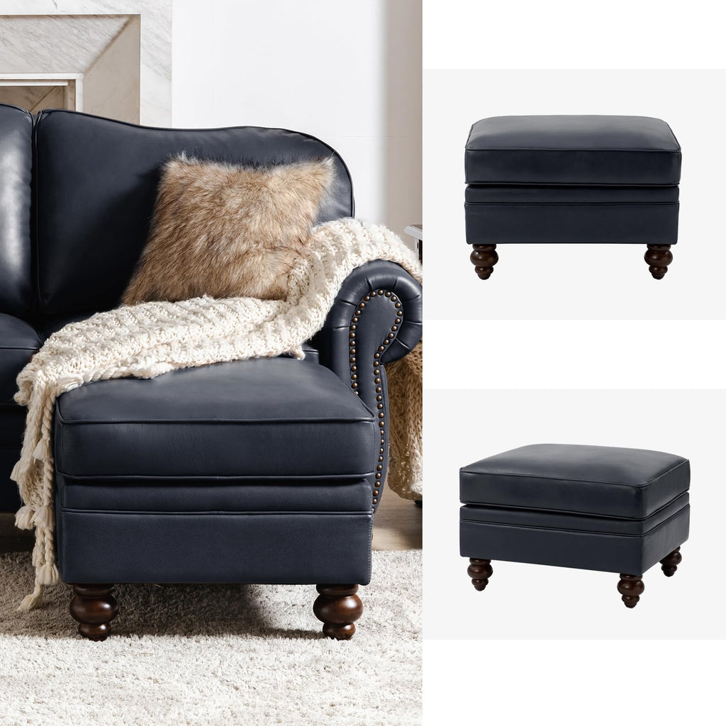 Genuine Leather Ottoman Coffee Table, Ottoman Foot Rest, Navy
