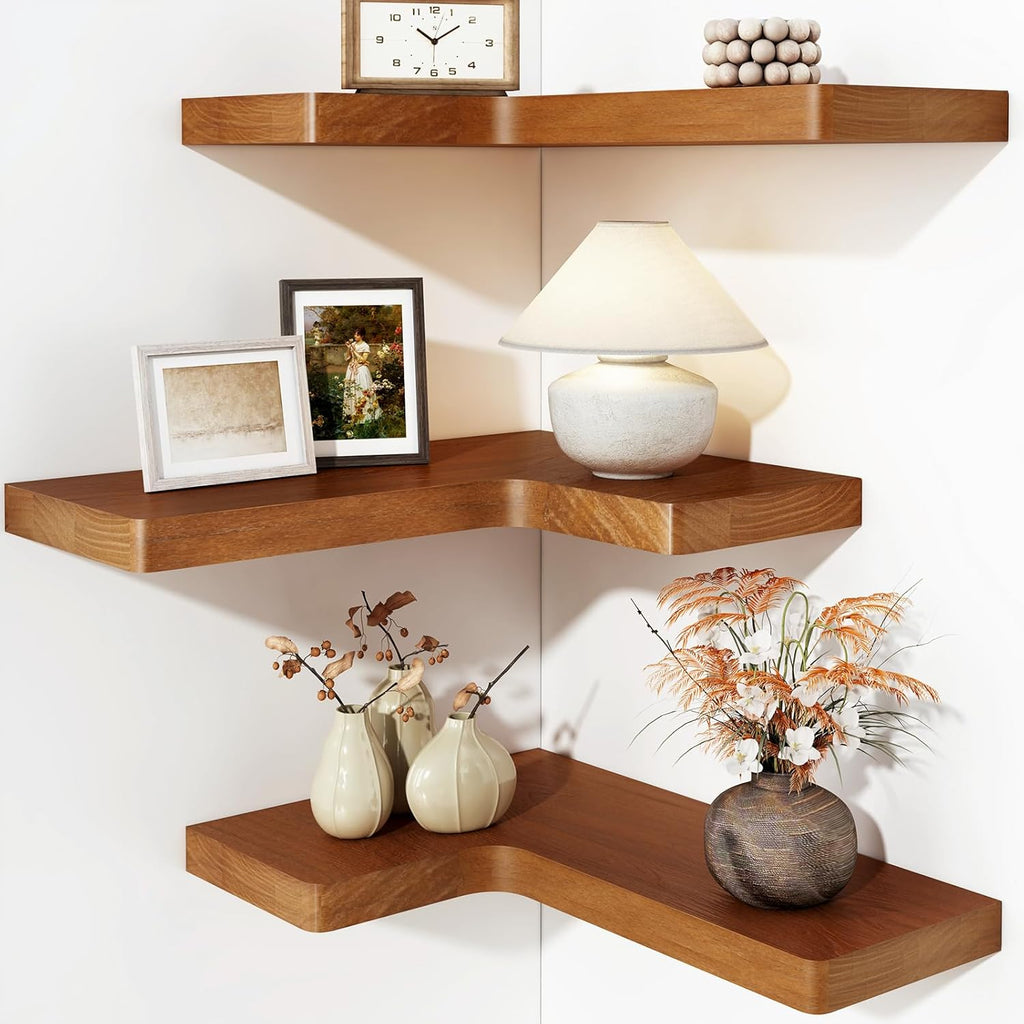 Corner Floating Shelves for Wall Mounted Natural Solid Wood 16"x11.4" Farmhouse Home Decor Display Shelving Set of 3