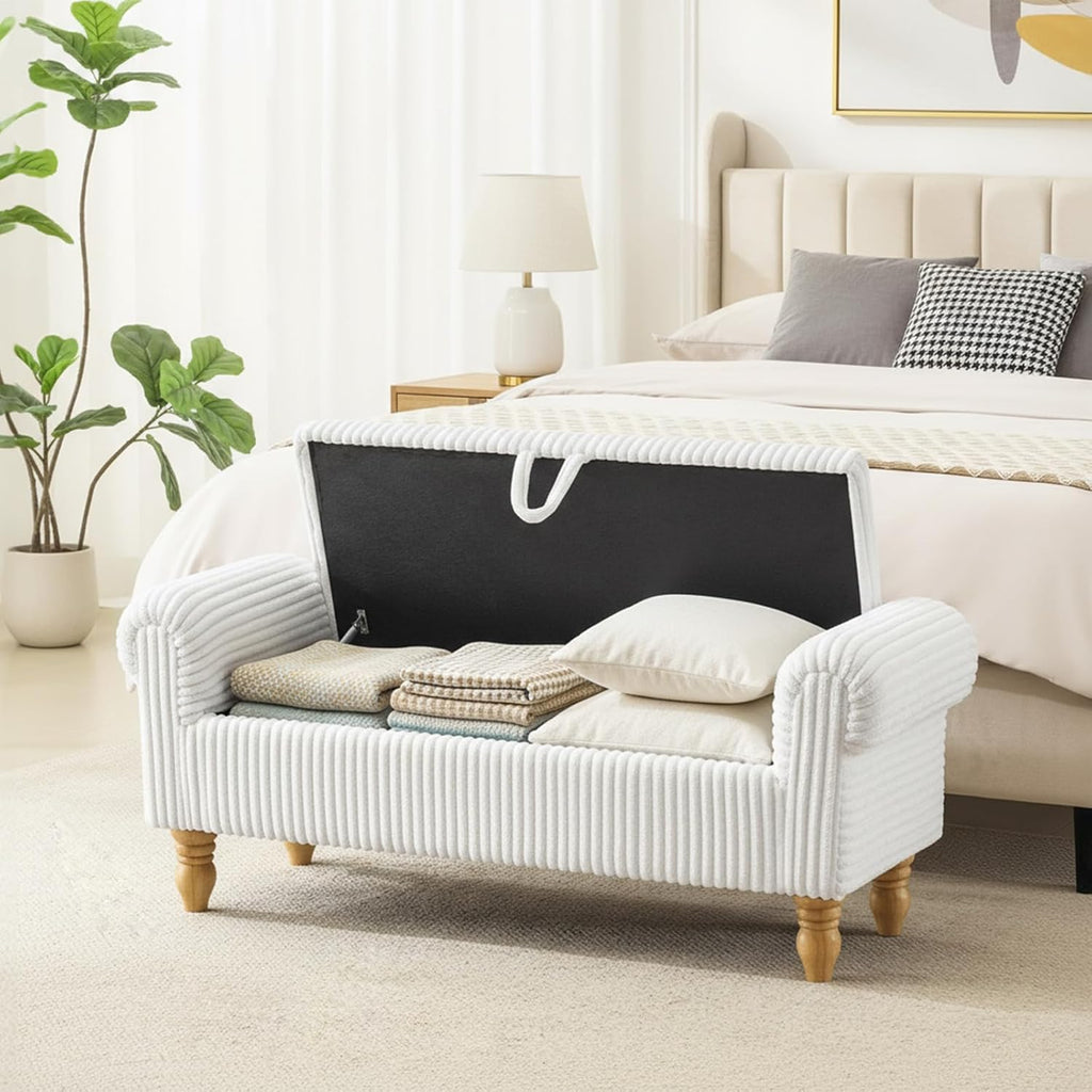 55" Corduroy Storage Ottoman Bench, Queen Bed, White | End of Bed, Bedroom/Entryway/Closet, Window Seat, Lift-Top