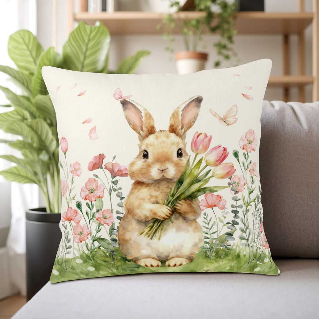 Easter Bunny Outdoor Pillow Covers 16x16 Set of 2 Watercolor Pink Flowers Pillows Cases Farmhouse Rabbit Floral