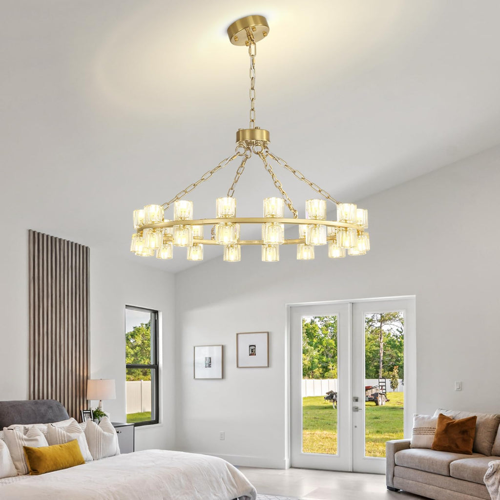 Inspired Arcachon Style Round Wagon Wheel Chandelier, 32" 32-Light Gold, Extended 32" Chain — Foyer, Dining & Living Room