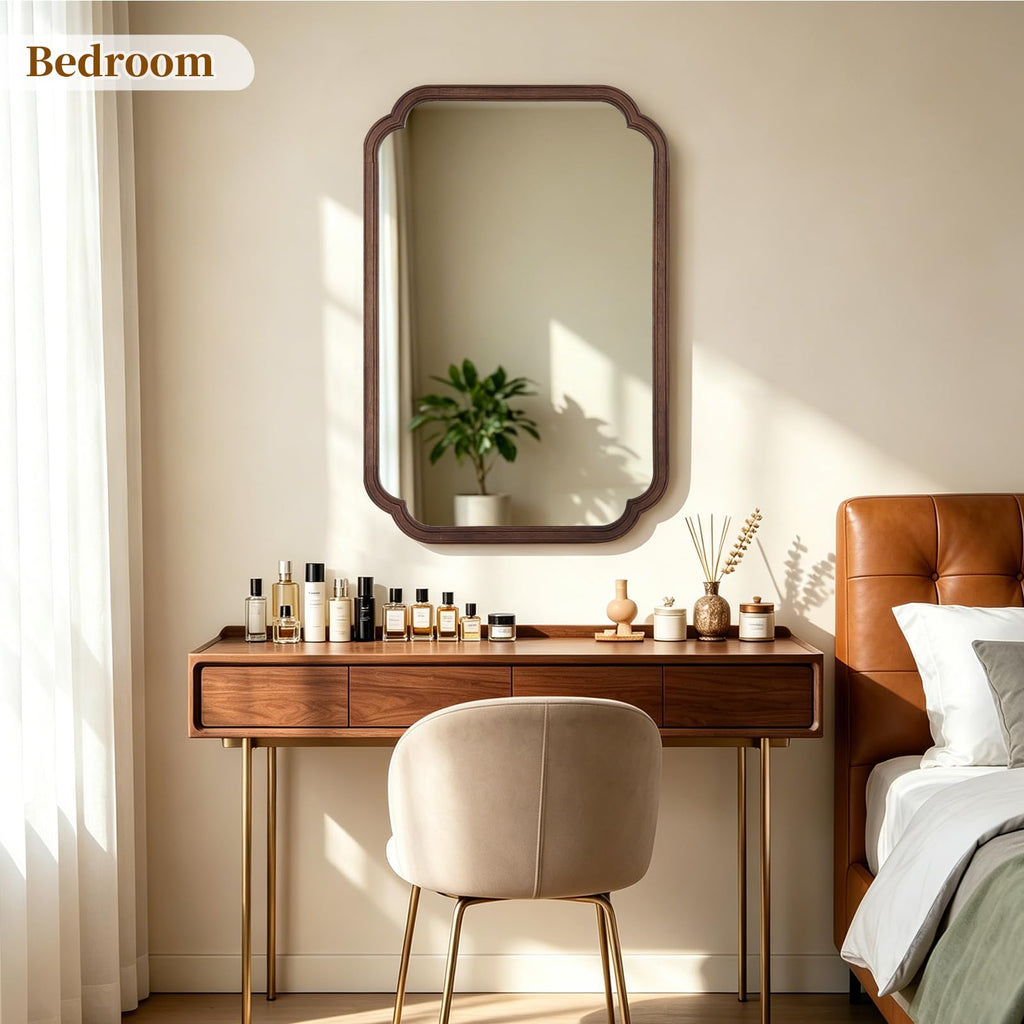 Wood Bathroom Mirror for Wall Decor Arched Rounded Corner Rustic Wood Frame Wall Mirror Home Decorative for Vanity