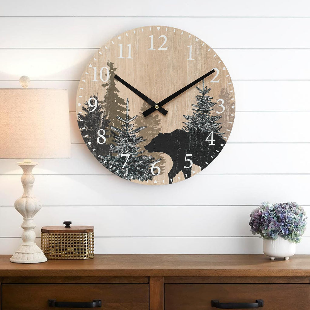 Cabin Bear Wall Clock 12 Inch Silent Non Ticking Clock Wooden Forest Wildlife Mountain Lodge Clock Battery Operated