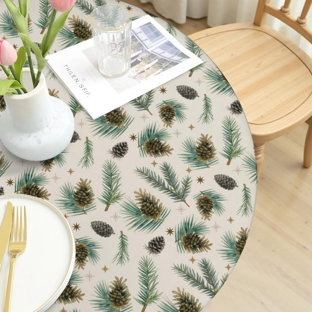 Christmas Round Fitted Tablecloth Best for 44"-48" Xmas Holly Pinecone Table Cloth Elastic Edge Waterproof Stain