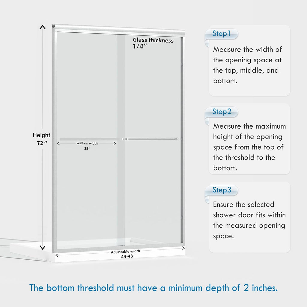 44-48" W x 72" H Semi-Frameless Bypass Sliding Shower Door, Easy Clean Treated Clear Tempered Glass, Brushed Nickel