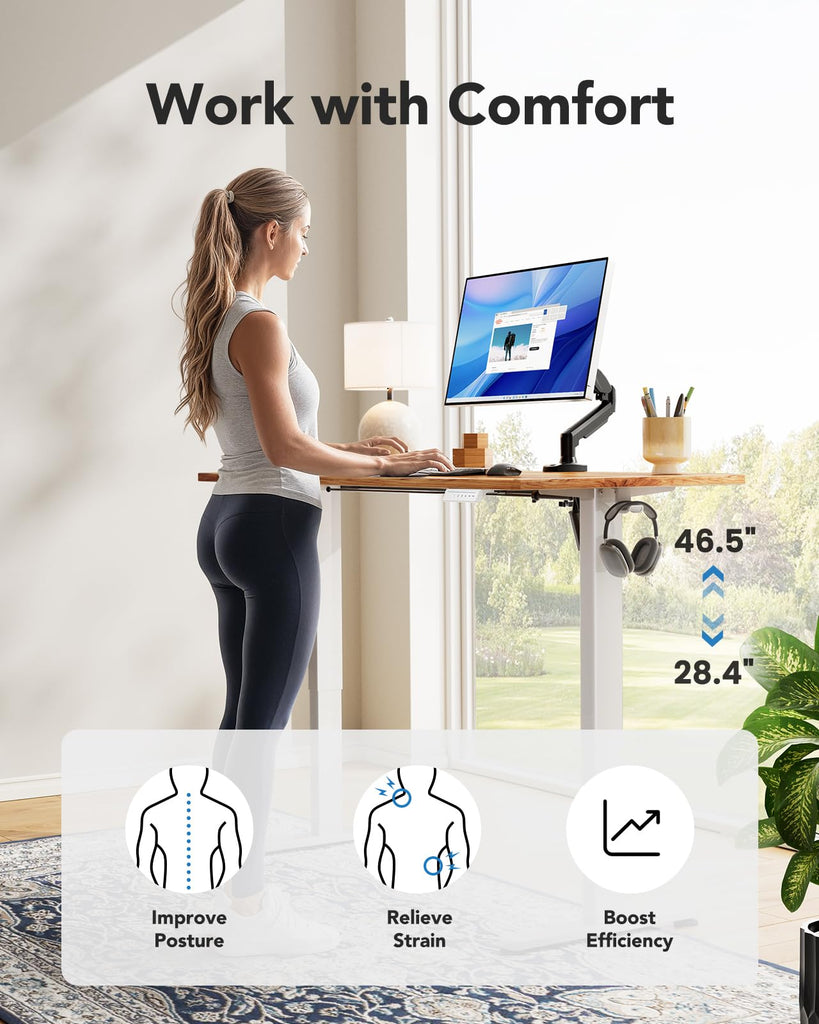 Electric Standing Desk, Whole Piece Desktop, Adjustable Height Computer Desk, 4 Height Memory Settings, Sit Stand Up