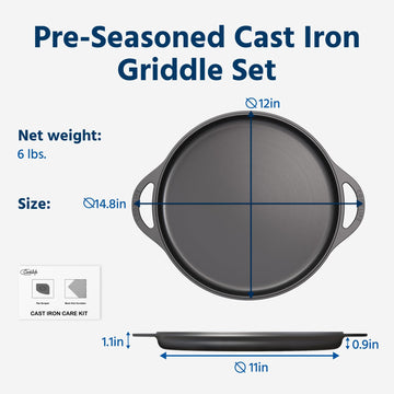 12inch Lightweight Pre-Seasoned Cast Iron Griddle Smooth Grill Pan