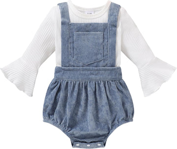 Newborn Baby Girl Clothes Bell Sleeve Romper and Corduroy Overalls Shorts Infant Girl Fall Outfits