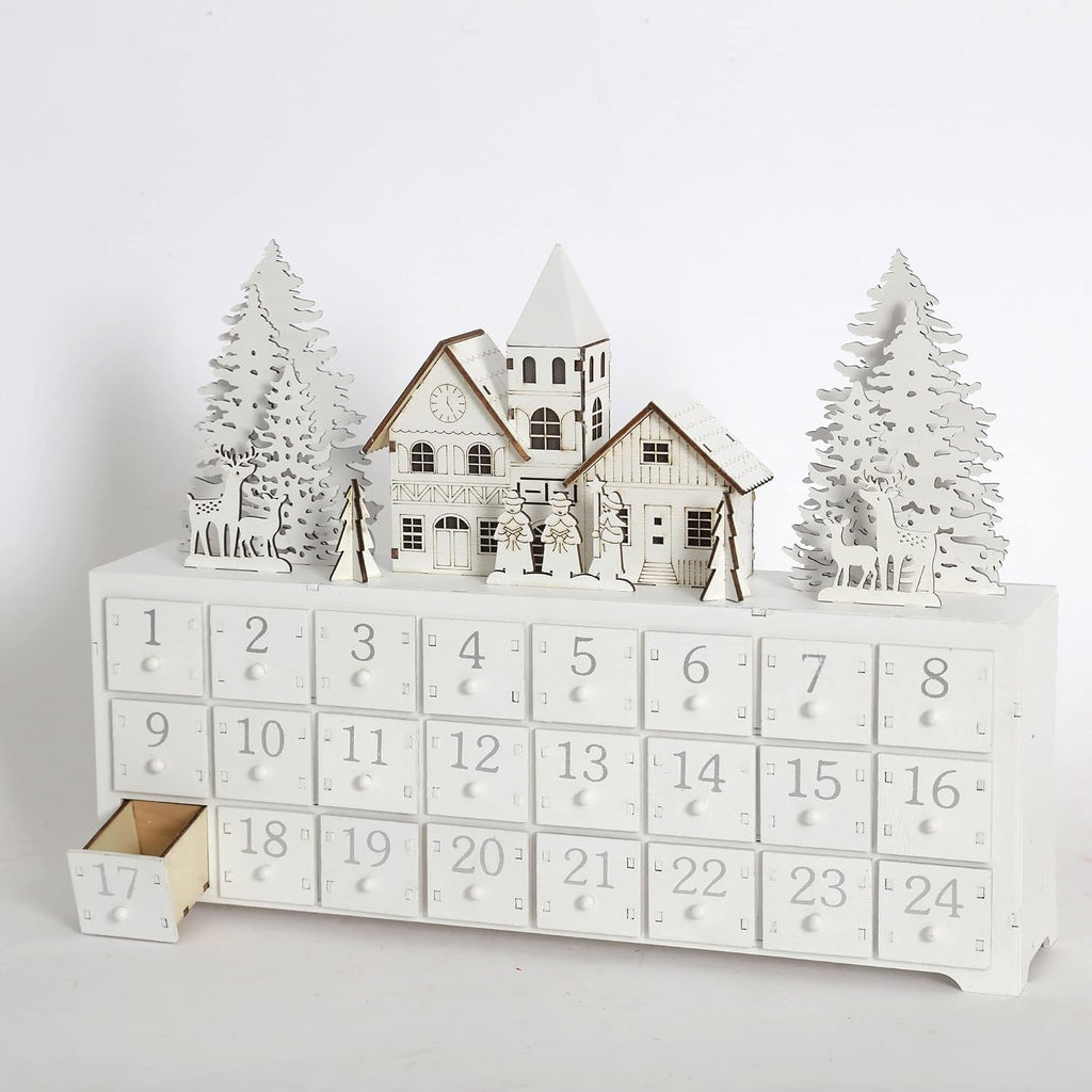 Christmas Wooden Advent Calendar House with 24 Drawers and LED-lit Scene, Countdown to Christmas Decoration to Fill