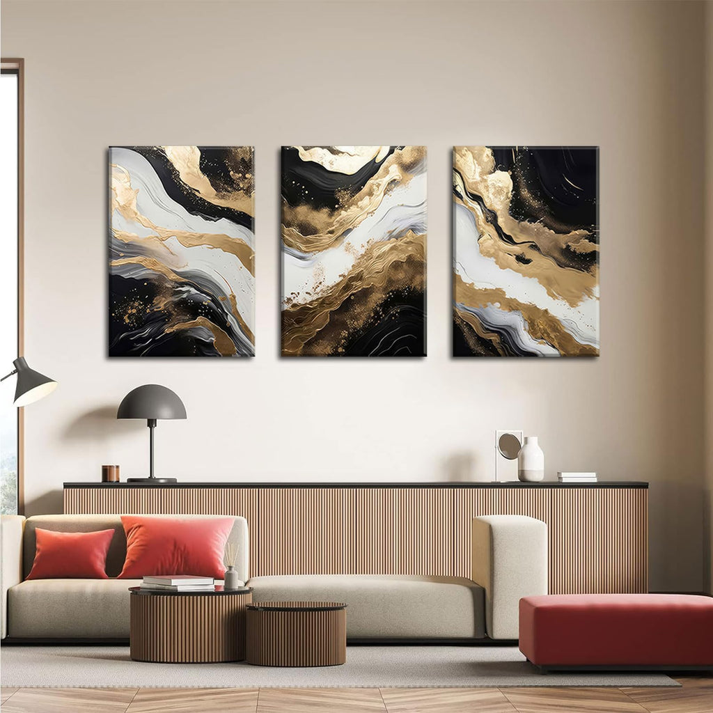 Black and Gold Abstract Canvas Wall Art Set of 3 Abstract Black Gold Marble Wall Decor Pictures Neutral Modern