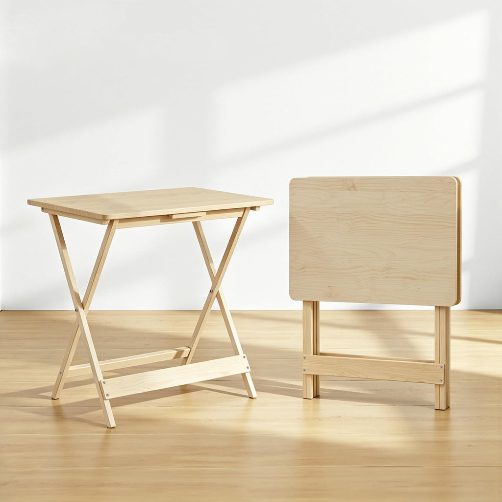 Folding Table Set of 2, Modern Wood Portable Snack TV Trays, Easy to Clean & Assemble, Natural