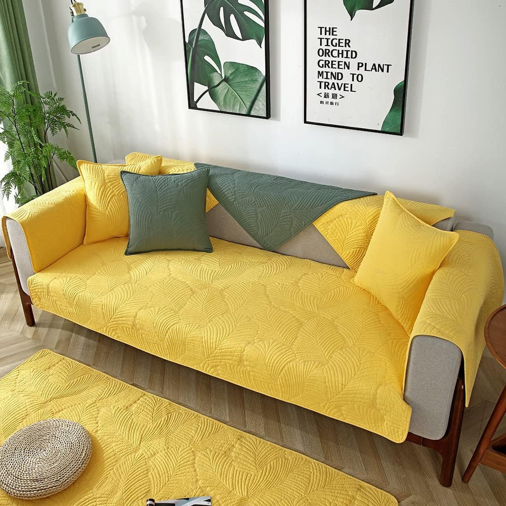 Solid Color Leaf Cotton Quilted Sofa Covers Anti-Slip Soft Sectional Couch Cover Washable Sofa Slipcover for Dogs