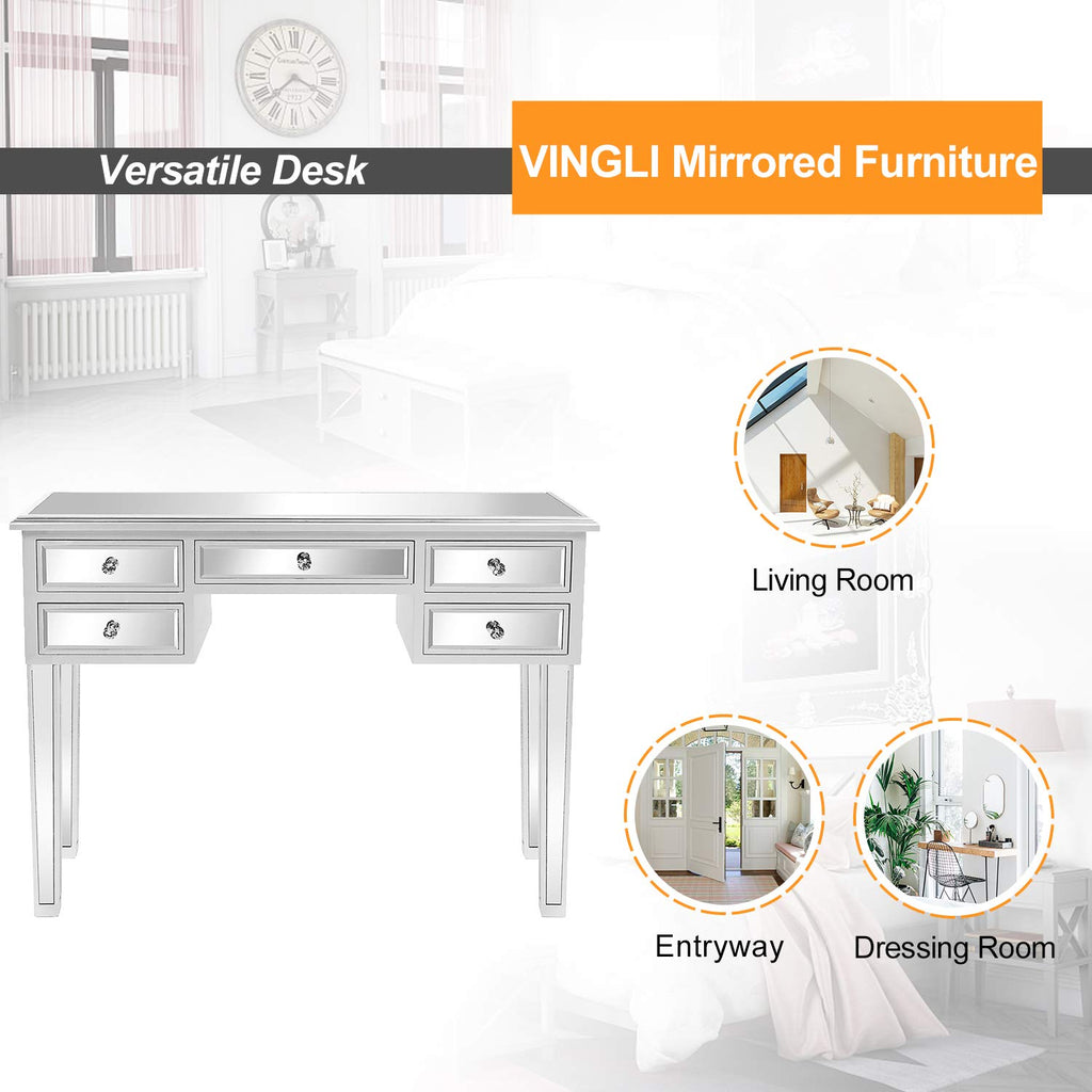 Mirrored Vanity Desk with 5 Drawers, Modern Console Table/Sofa Table/Makeup Table (Silver, 41'' x 14'' x 30'')