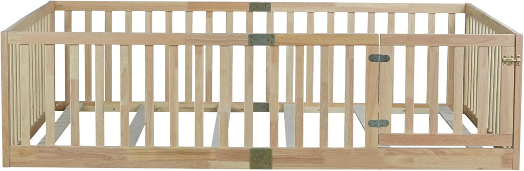 Kids Montessori Floor Bed Frame with Door and Slats, Solid Wood Floor Bed Frame with Slats and High Fence