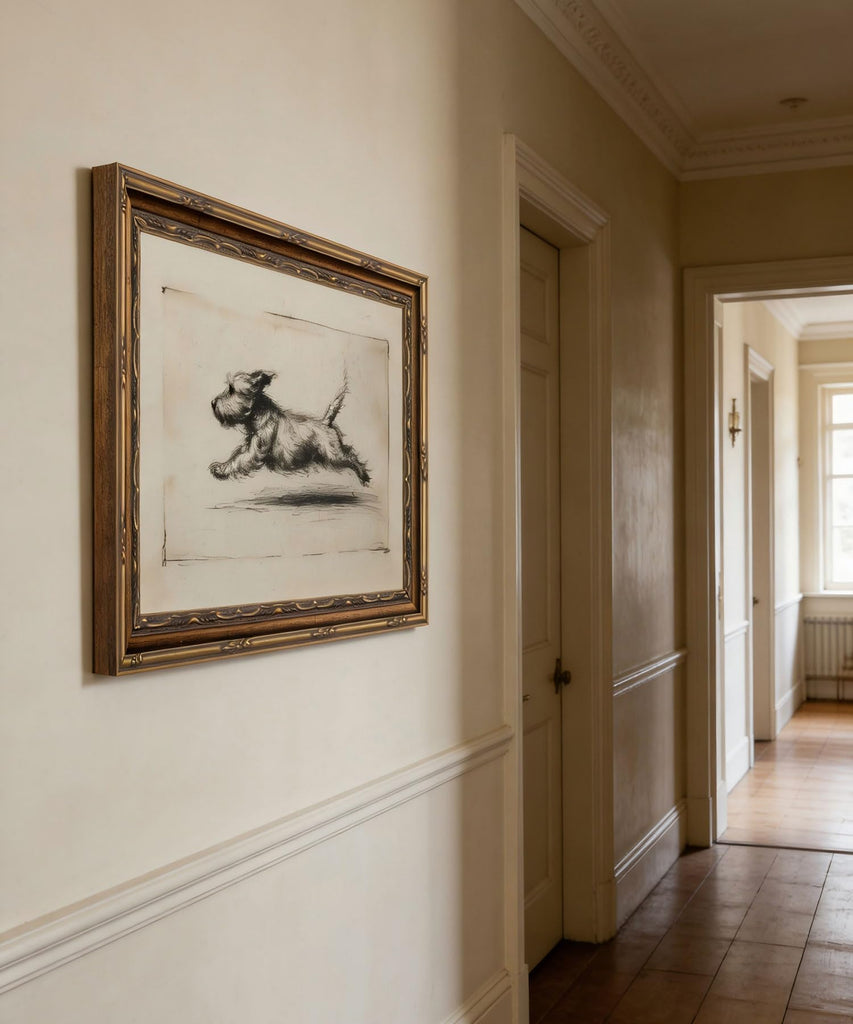 Vintage Gold Framed Running Dog Antique Terrier Sketch Wall Art 16x24in