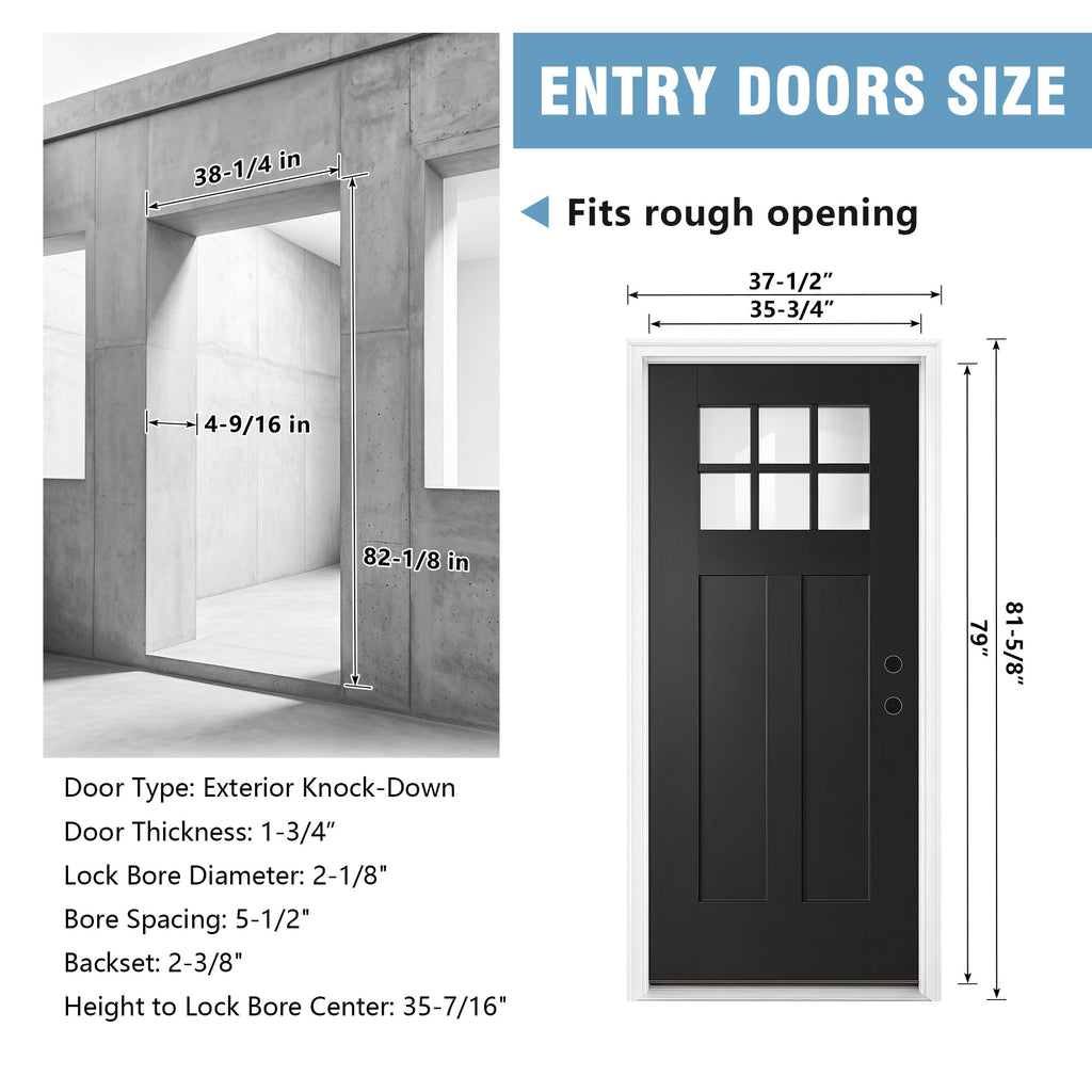 36" x 80" Black 6-Lite Fiberglass Entry Door, Left-Hand Inswing