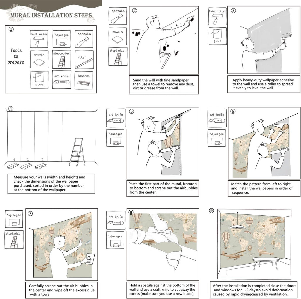 Vintage Animal Wallpaper Cartoon Aircraft Map wall murals for Kids Room 114"x74"(Not Peel and Stick)