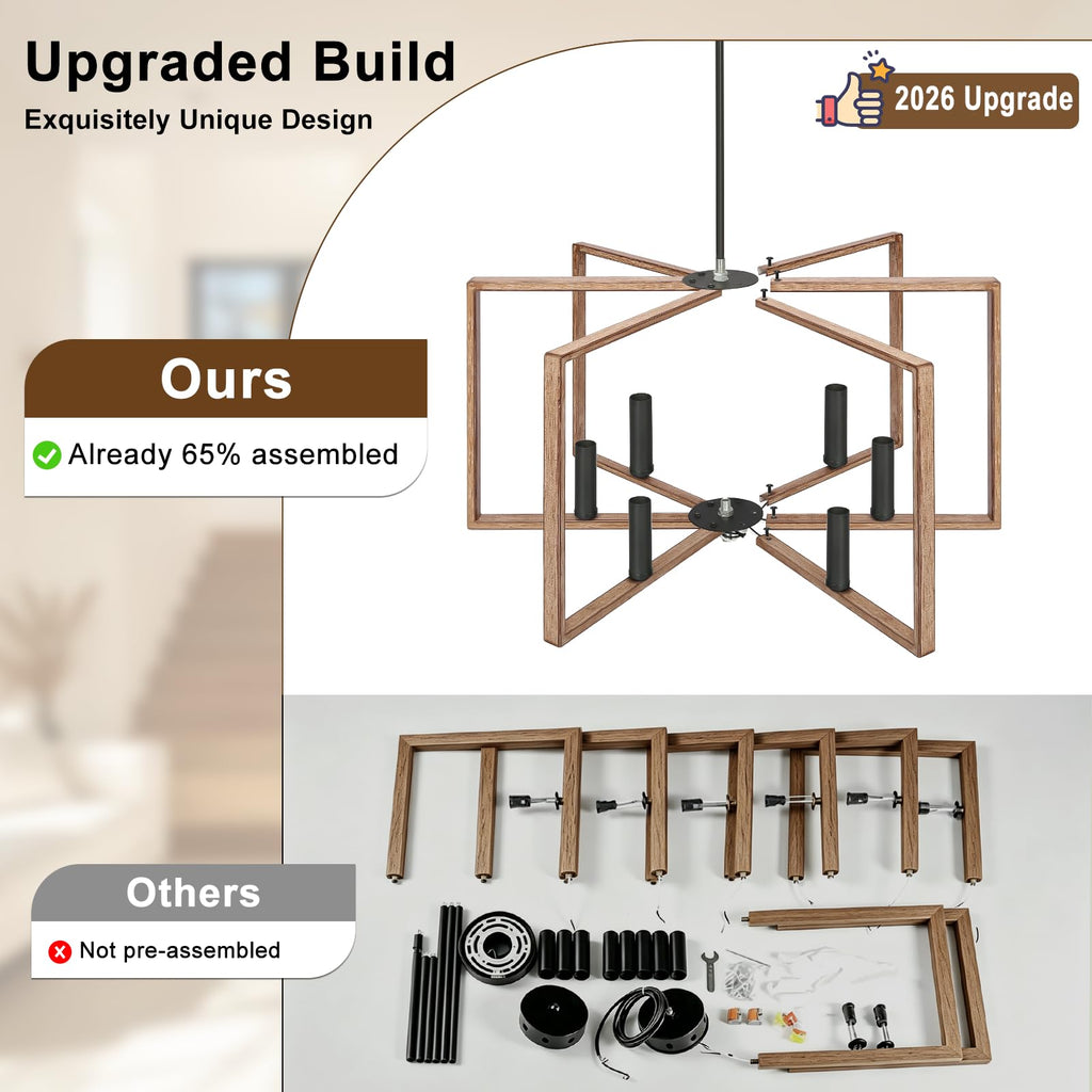 6 Light Rustic Chandelier, Dining Room Light Fixture, Brushed Rustic Wood