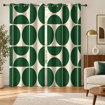 Green and Beige Modern Geometric Blackout Curtains, Mid Century Retro Abstract Curtains, Boho Unique Semi Circle