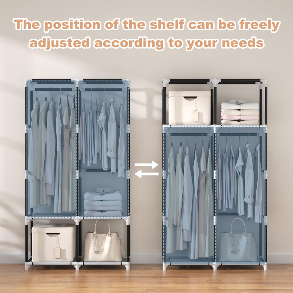 Portable Closet Wardrobe Closet for Hanging Clothes with 4 Storage Shelves, 2 Hanging Rods and 6 Pockets, Stable and