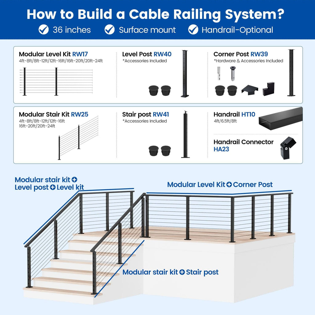 36in Black Modular Cable Railing Stair Post Surface Mount RW41