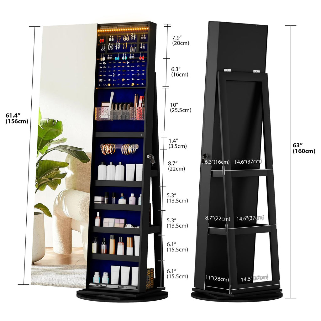 LED Jewelry Cabinet with Sliding Full Length Mirror, Black