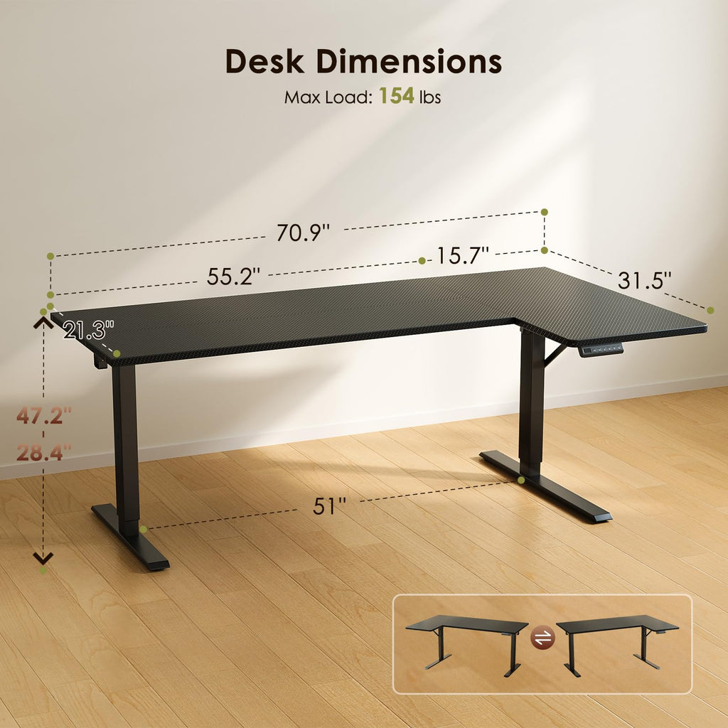71" Reversible L Shaped Electric Standing Desk, Carbon Fiber Black