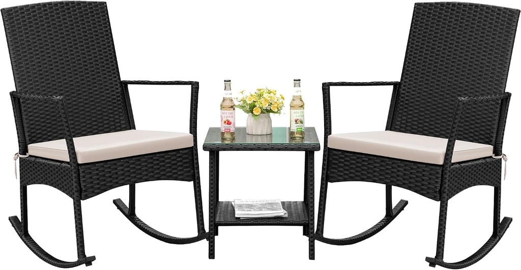 Rocking Chair Outdoor High Back Patio Chairs with Table,Beige | PE Rattan Porch Rocker Patio Conversation Sets for