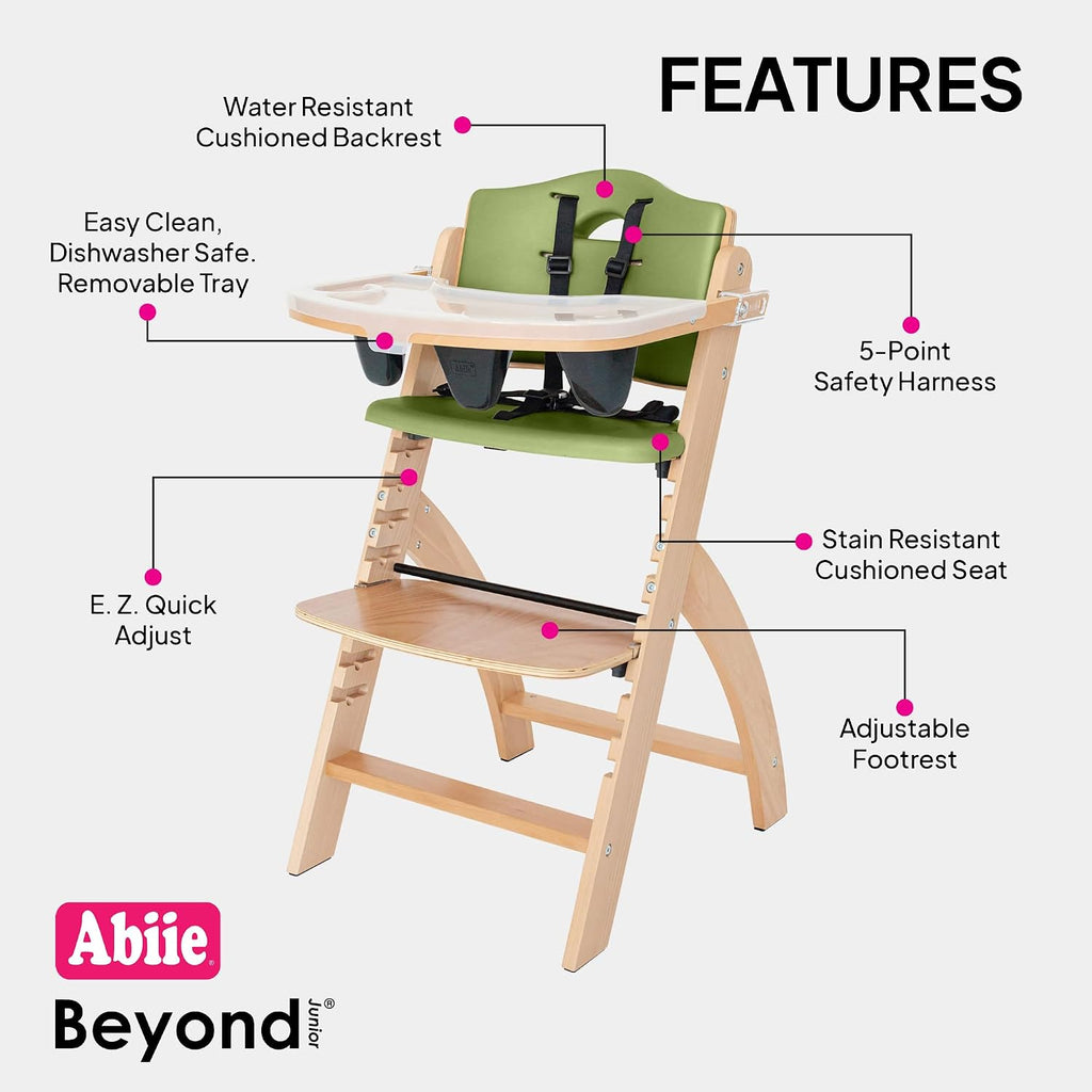 Beyond Junior Convertible Wooden High Chair with Removable Tray - Natural Olive | 3-in-1 Adjustable Highchair for