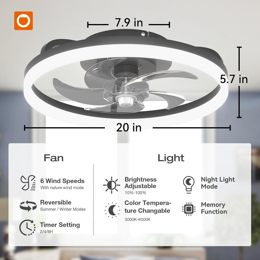 Modern Ceiling Fans with Lights and Remote, Flush Mount, 20 Inch Bladeless Ceiling Fan with Light, Low Profile Ceiling Fan, Reversible, 3CCT, Dimmable, Quiet, Ceiling Fans for Bedroom, Black A101-B0DNB28JSZ