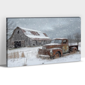 Vintage Wall Art Decor, Vintage Old Truck&Barn Canvas Prints Wall Decor, Winter Snow Scene Picture Wall Art for