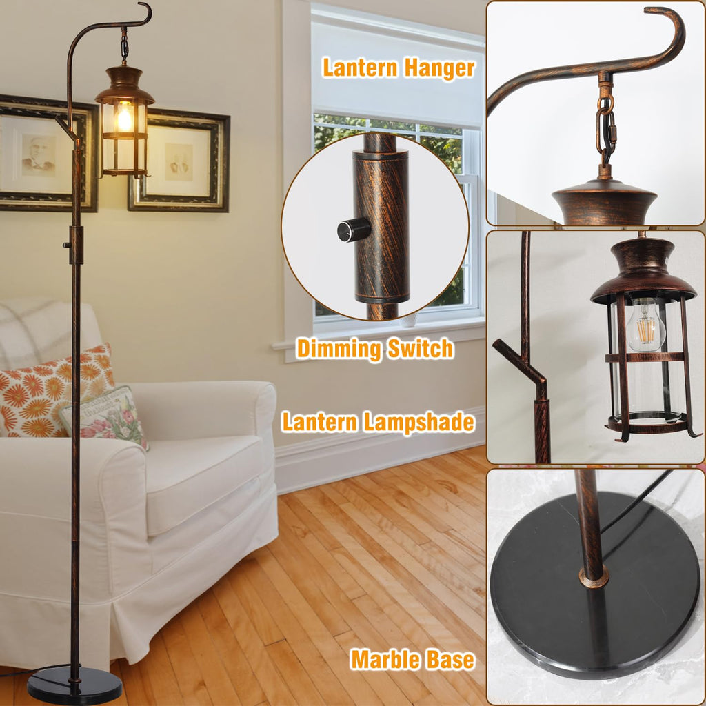 Vintage Dimmable Floor Lamp, Classical Lanterns Standing Lamp, Rustic Farmhouse Floor Lamp with Red Copper Finish