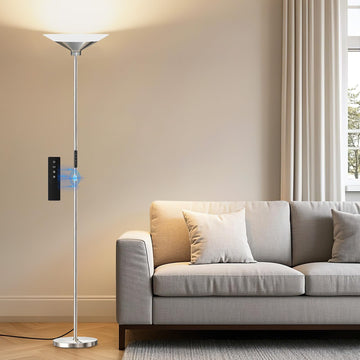 Metallic Silver Torchiere Floor Lamp - 30W Dimmable LED Standing Lamp with Remote/Button Control, 1800Lm