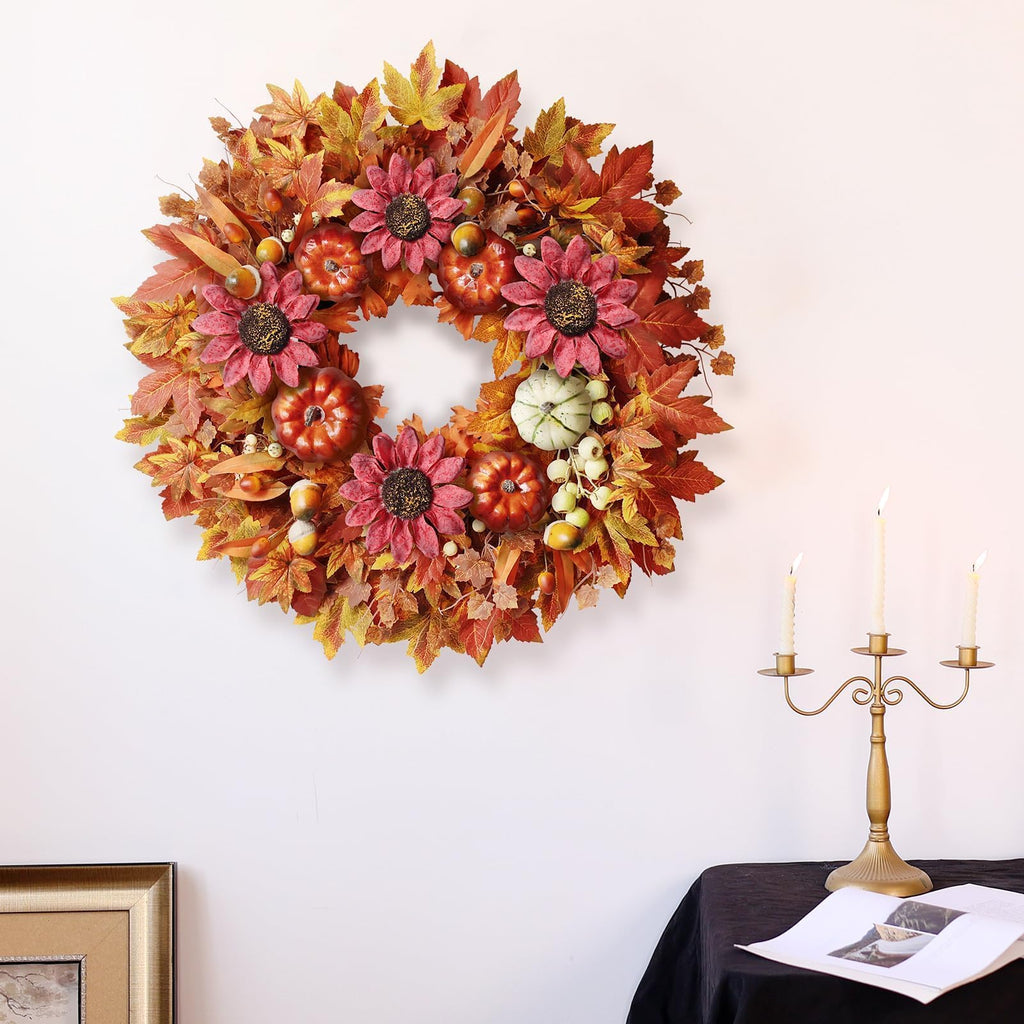 28" Large Artificial Flowers Fall Wreath for Front Door Decor (Fall Orange)