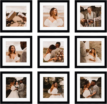 10x10 Picture Frame Set of 9, Display Pictures 8x8 with Mat or 10x10 without Mat, Multi Collage Gallery Square Photo