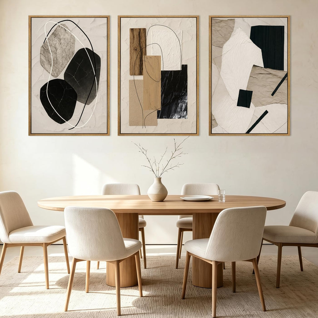 Large Abstract Paintings Framed Neutral Canvas Prints Mid Century Modern Wall Art Bedroom Bathroom 36x24 Inch 3 Piece