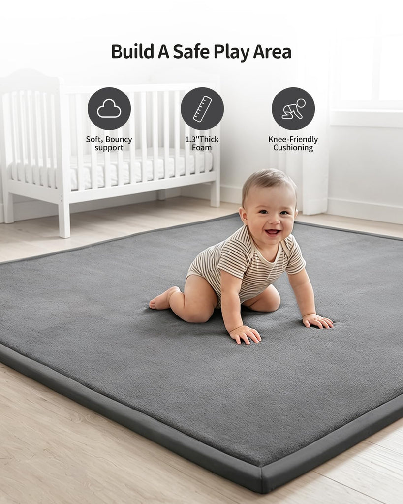 Ultra Soft 1.3" Thick Baby Play Mat for Floor, 59x71 Playpen Mat Elasti-Foam Padded Crawling Mat for Babies